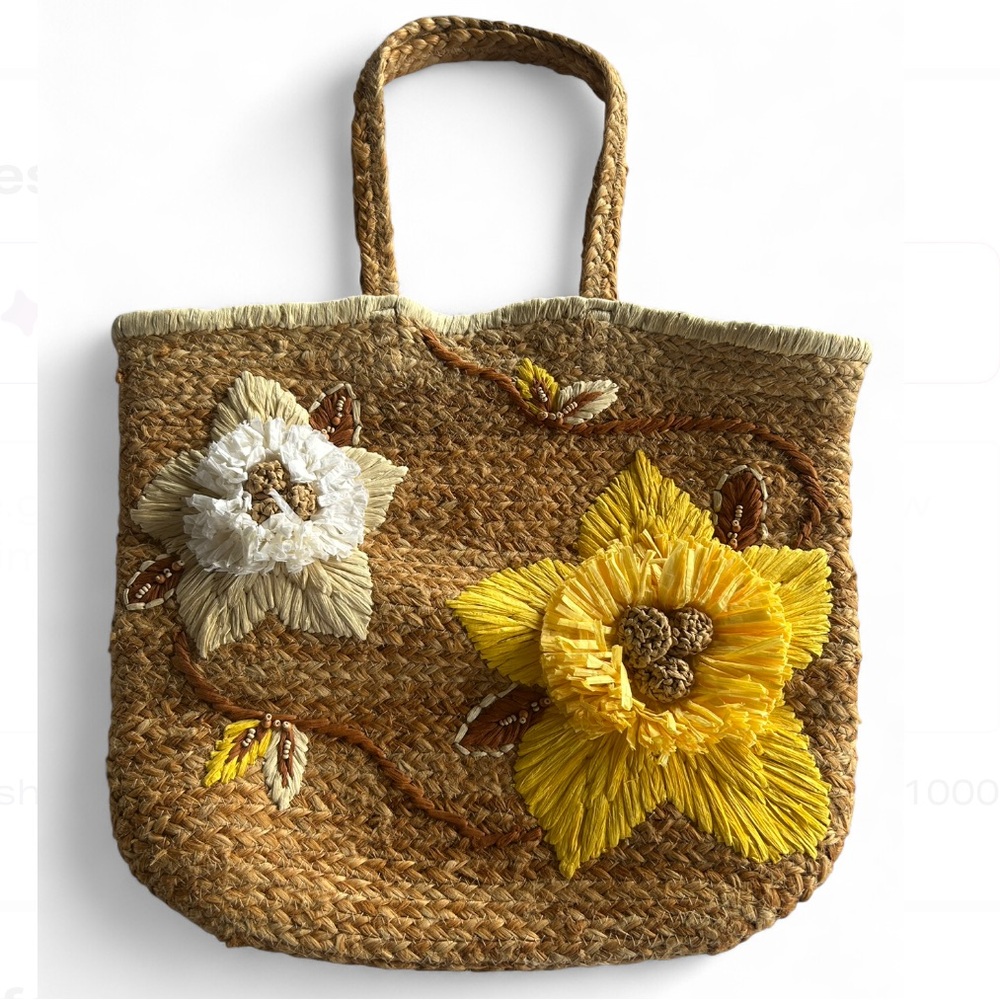 Chico's Jute Tote Beach Bag with yellow and white flowers.